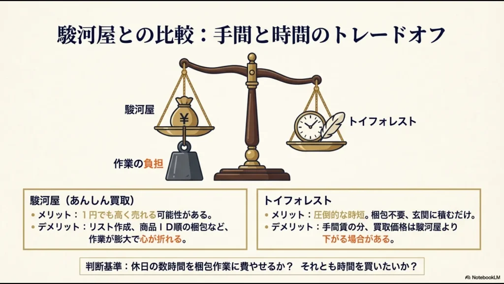 買取価格を優先する駿河屋（作業負担大）と、時間を優先するトイフォレスト（梱包不要）を天秤で比較したイメージ図