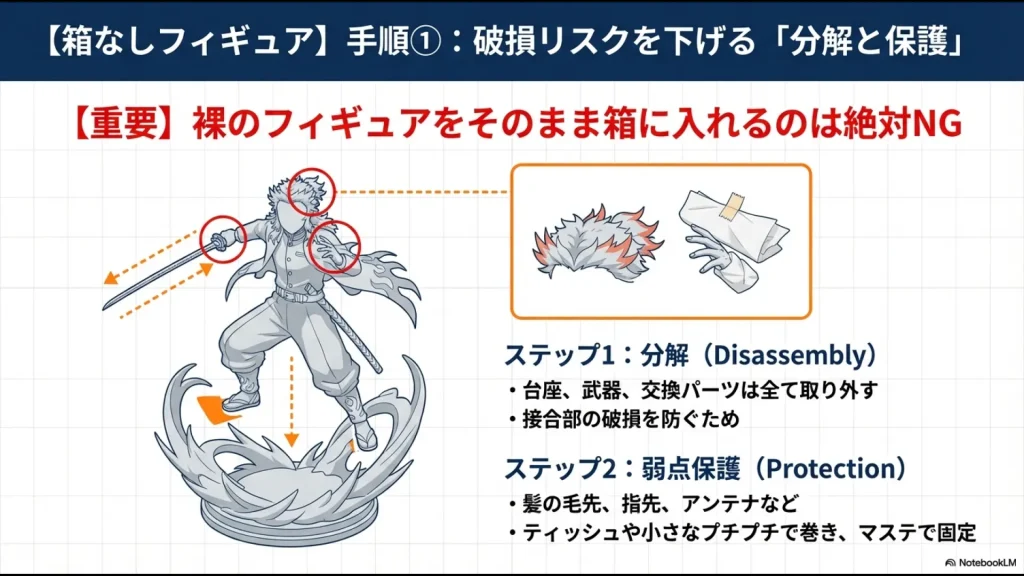 フィギュアの台座や武器を取り外し、髪の先や指先など折れやすい箇所をティッシュやプチプチで保護してマスキングテープで止める手順の解説。