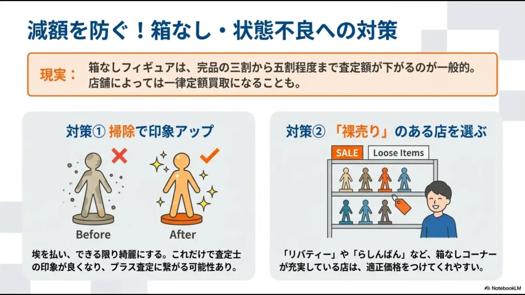箱なしフィギュアの買取対策。埃を払う掃除の重要性と、裸売りコーナーがある店舗選びのコツ。