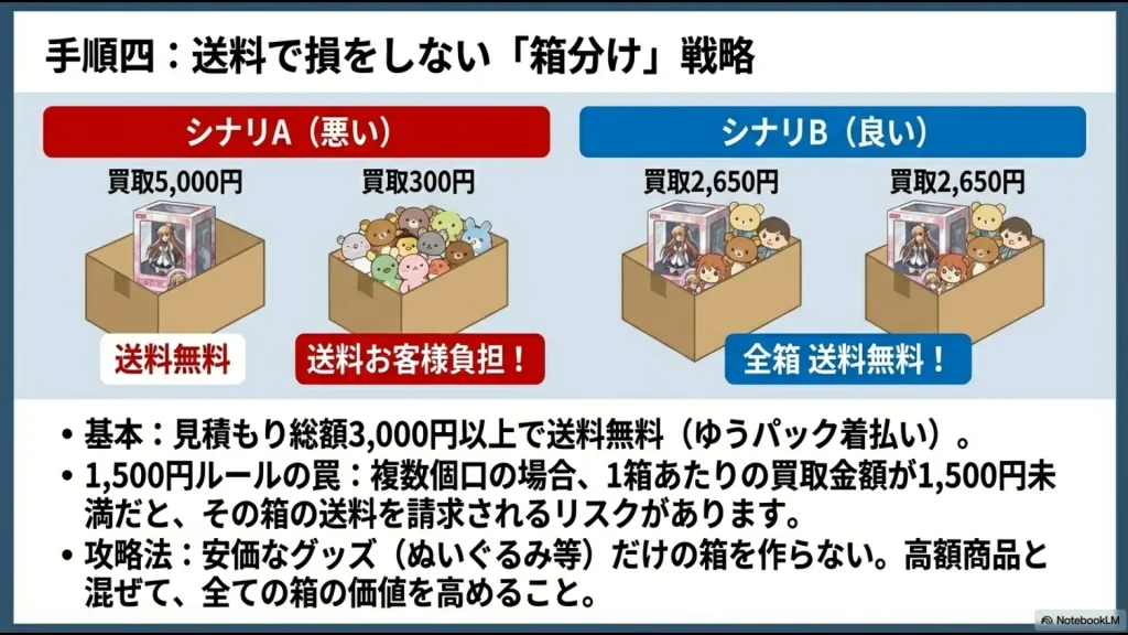 安価なグッズだけの箱を作らず、高額商品と混ぜて全箱の価値を1,500円以上にする梱包戦略の比較