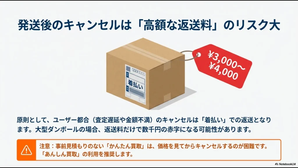 ユーザー都合のキャンセルでは着払いで数千円の返送料がかかることを示す、着払い伝票の貼られたダンボール。