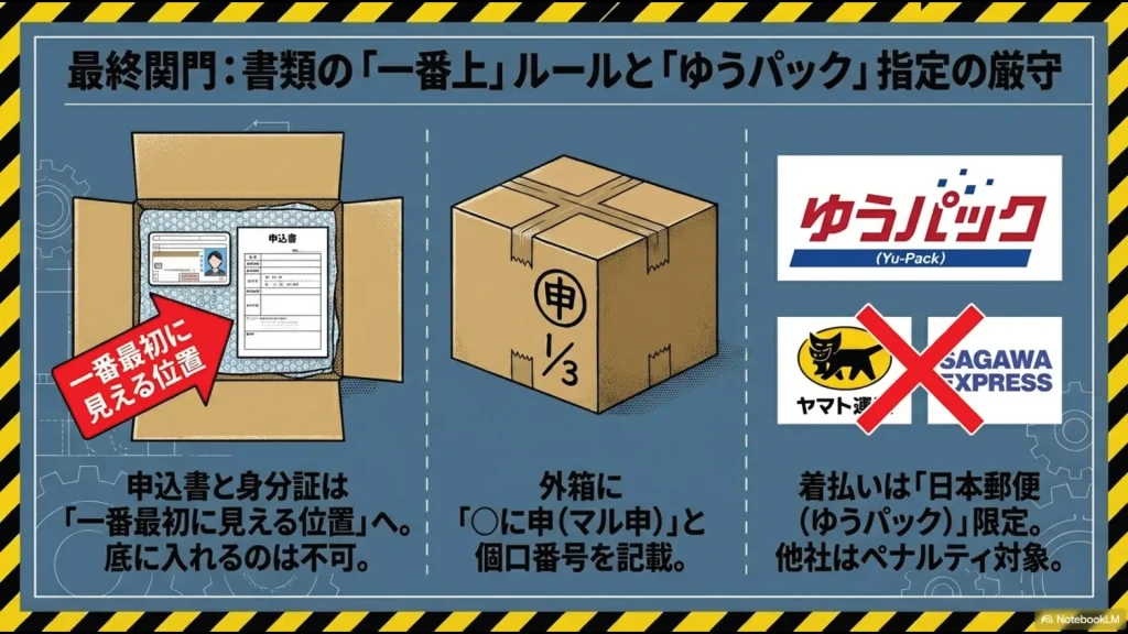 申込書を一番上に置くルール、外箱の「マル申」マーク、配送業者は日本郵便ゆうパック限定であることの解説図