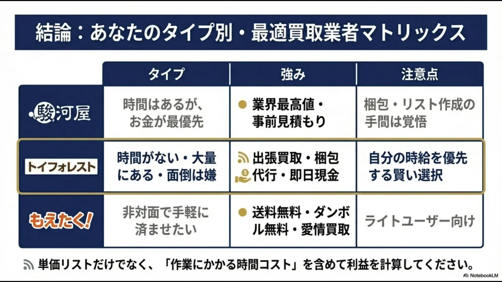 駿河屋、トイフォレスト、もえたく！の3社を「強み」と「注意点」で比較し、ユーザーのタイプ別にまとめたマトリックス表。