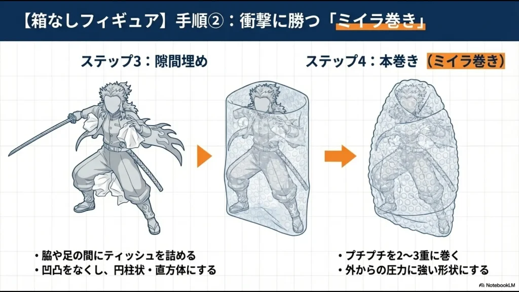 フィギュアの脇や足の隙間にティッシュを詰め、凹凸をなくして円柱状にしてからプチプチを2〜3重に巻く「ミイラ巻き」の工程イラスト。