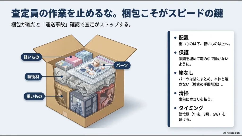 重いものを下、軽いものを上に配置し、隙間を緩衝材で埋め、パーツを袋にまとめる正しい梱包方法の図解