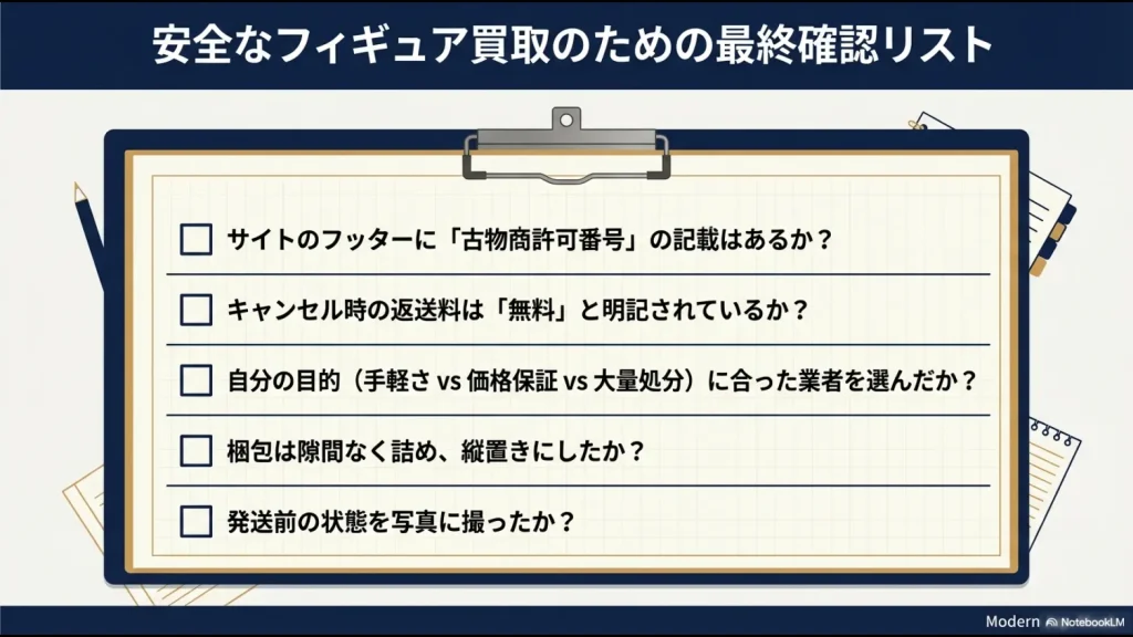 古物商許可、返送料、目的適合性、梱包状態、証拠写真の5項目をチェックする最終確認リストのスライド 。