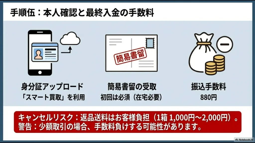 スマホでの身分証アップロードと初回利用時の簡易書留受取、振込手数料880円の図解