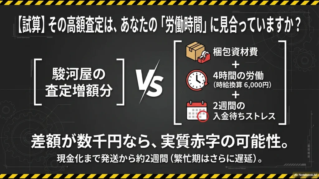 駿河屋の査定増額分が、4時間の梱包労働や資材費、入金待ちのストレスで実質赤字になる可能性を示した試算表