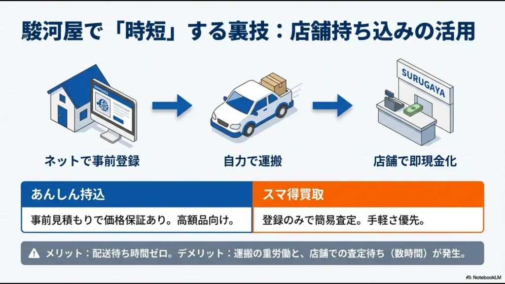 ネットで事前登録し自力で運搬して店舗で即現金化する流れと、あんしん持込とスマ得買取の違いをまとめた表。