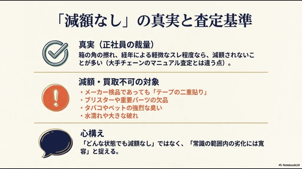正社員の裁量による「軽微なスレの許容」と、一方で減額対象となる「二重貼り」や「臭い」などの基準をまとめた図解