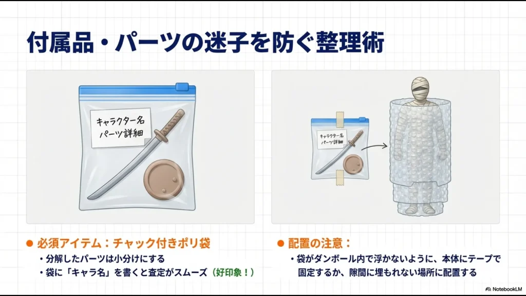 チャック付きポリ袋にパーツを入れ、キャラクター名を記載したメモを同封。袋を本体に固定するか、隙間に埋もれないよう配置する注意点。