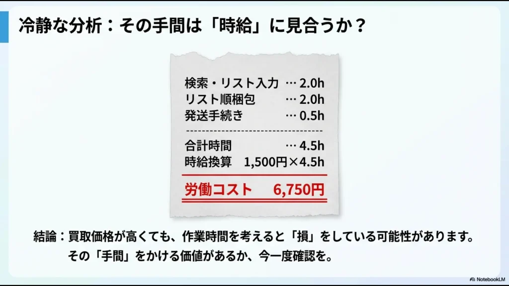 検索・梱包・発送の合計4.5時間を時給1,500円で計算すると労働コストが6,750円になるという分析