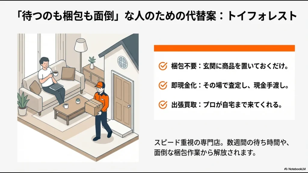 玄関に商品を置いておくだけでプロが自宅に来てその場で現金手渡ししてくれる出張買取の様子。