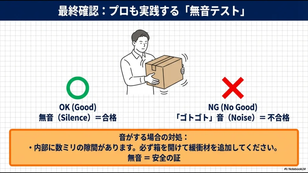 梱包済みの箱を振って、音がしない（合格）か「ゴトゴト」音がする（不合格）かを判別するテストの様子。無音は安全の証と記載。