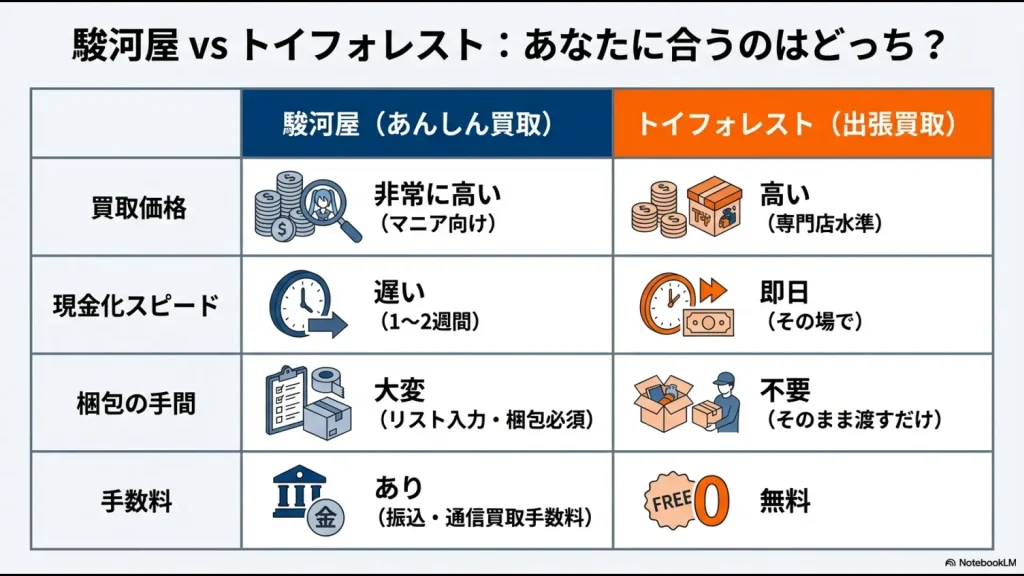 駿河屋（あんしん買取）とトイフォレスト（出張買取）の価格、スピード、手間、手数料の比較表。
