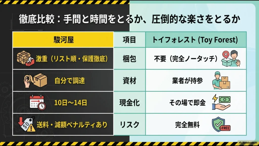 駿河屋とトイフォレストの梱包、資材、現金化スピード、リスクを一覧で比較した表
