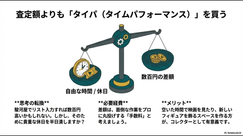 自由な時間と手数料を天秤にかけ有意義な休日を選ぶ思考の転換図