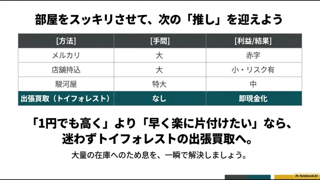 メルカリ・店舗・駿河屋・出張買取の手間と利益を比較した表