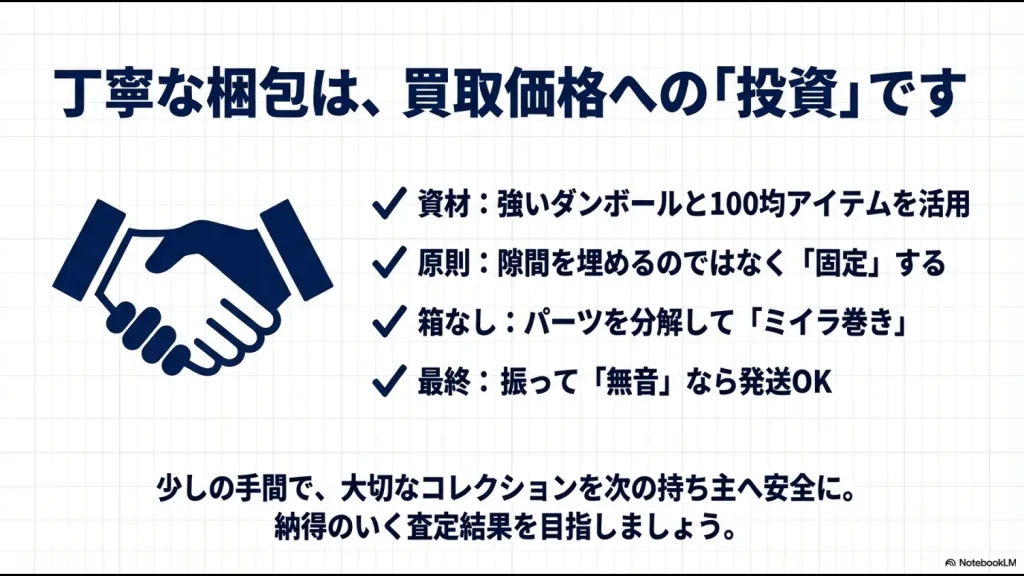 握手のイラスト。強いダンボールの使用、固定の原則、箱なしはミイラ巻き、最終の無音確認という、丁寧な梱包が投資になることのまとめ。
