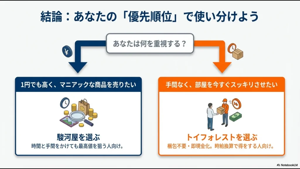 1円でも高く売りたいなら駿河屋、手間なくスッキリしたいならトイフォレストを選ぶという判断基準のまとめ。