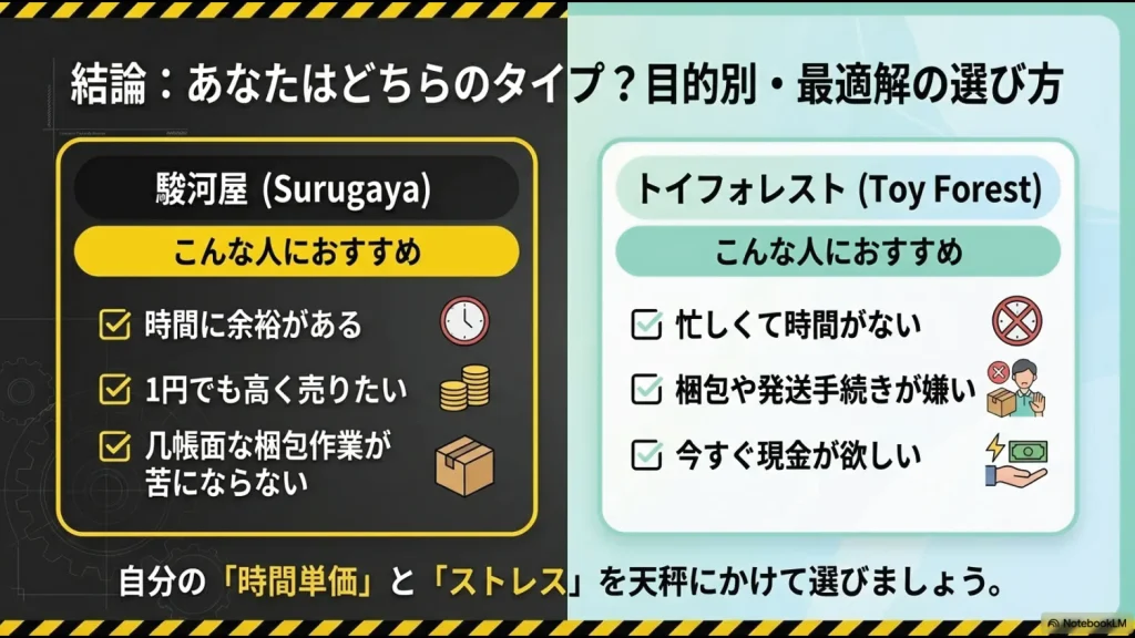 時間に余裕がある人向けの駿河屋と、忙しくて梱包が嫌いな人向けのトイフォレストのタイプ別おすすめ診断チャート