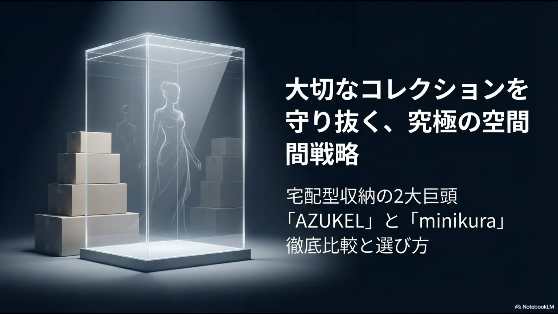 宅配型トランクルームのAZUKELとminikuraを、料金・箱の自由度・送料・空調の4項目で比較したインフォグラフィックスライド。