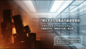 フィギュア保管の悩みを解決する神コスパ解決策と劣化防止の重要性を伝える導入スライド