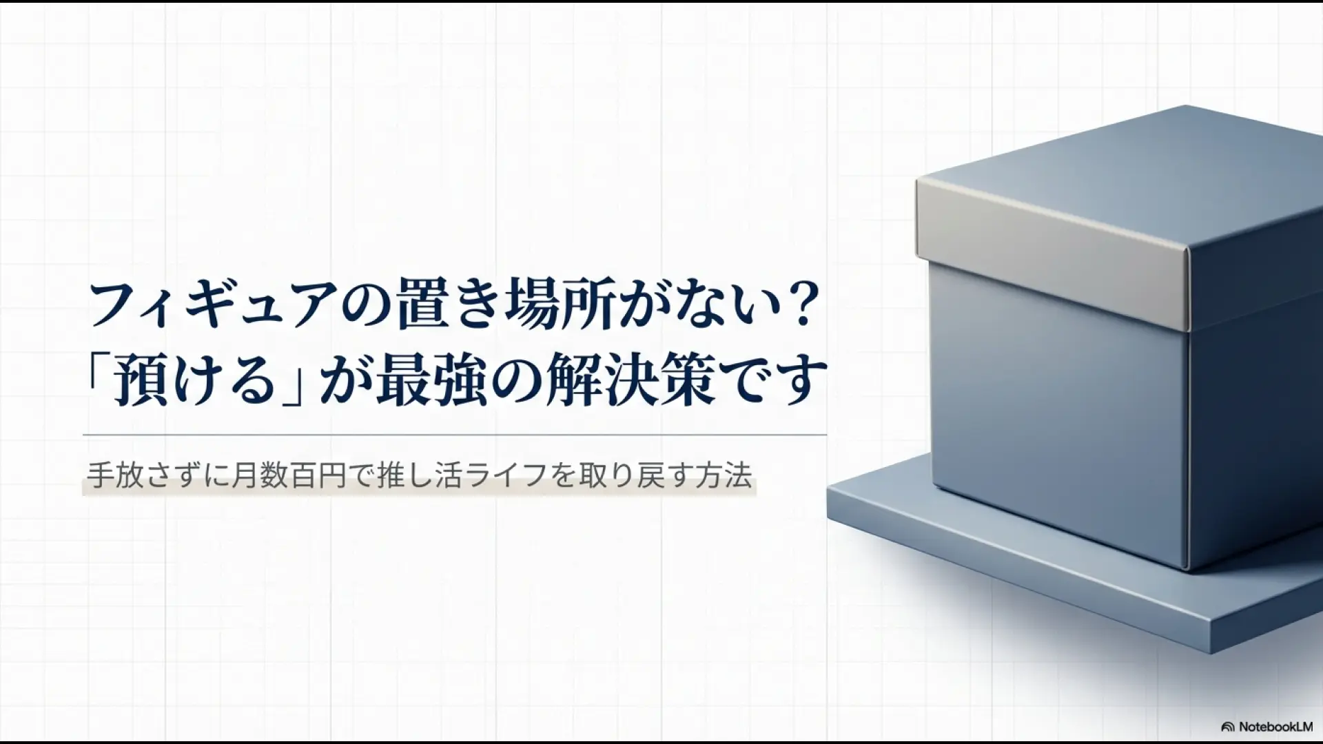 フィギュアの置き場所問題を解決し、月数百円で推し活ライフを取り戻す方法の紹介スライド