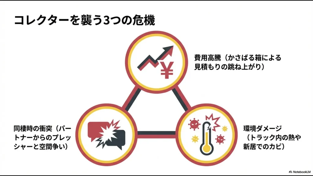 フィギュアコレクターを襲う3つの危機(同棲時の衝突、費用高騰、環境ダメージ)の解説スライド