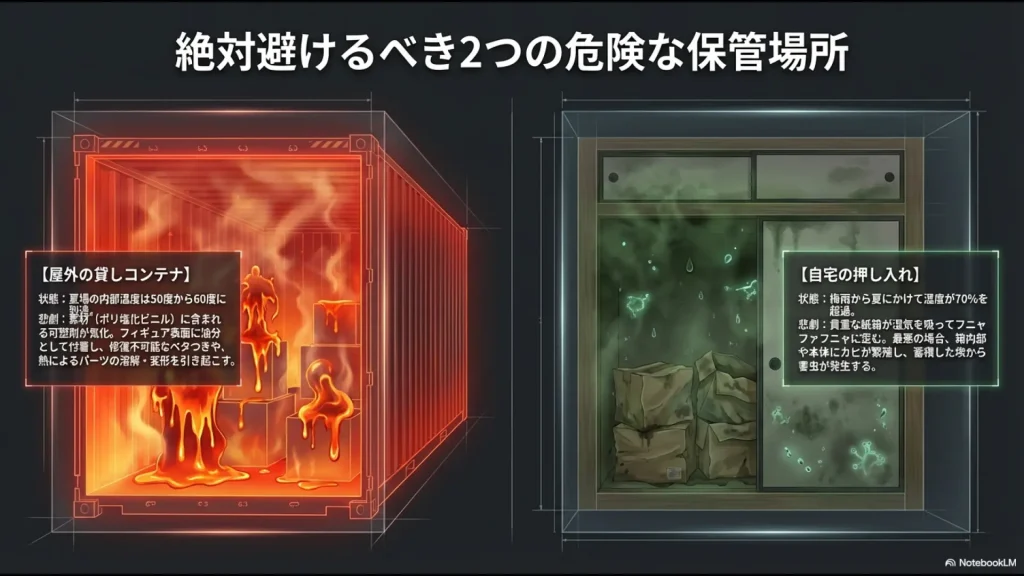 夏場の屋外コンテナの高温リスクと押し入れのカビ・湿気によるフィギュア劣化リスクを比較した警告スライド