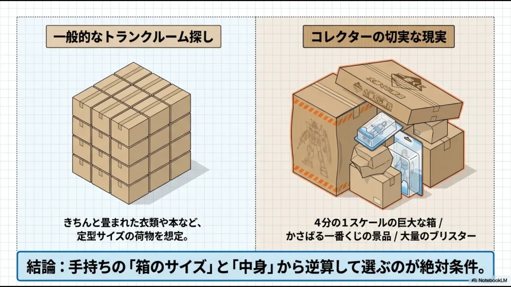 フィギュアコレクターの現実と一般的なトランクルームの想定を比較した図