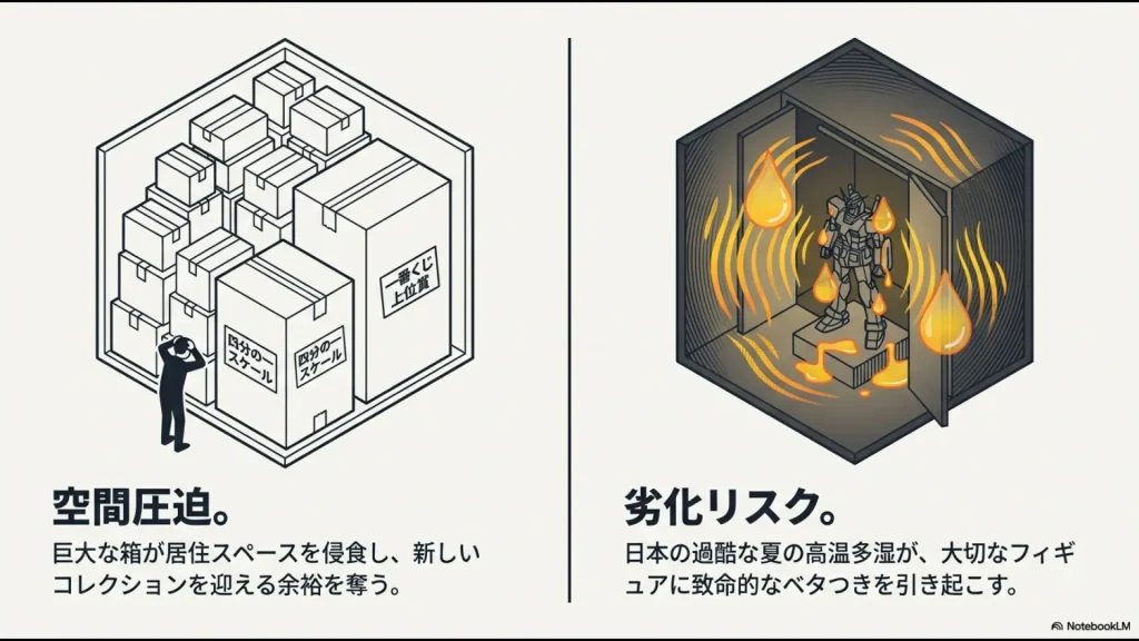巨大な箱による居住スペースの圧迫と、高温多湿によるフィギュアの劣化・ベタつきリスクの図解