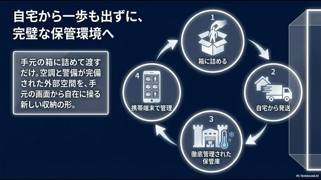 AZUKELが専用箱なしで巨大な荷物を預けられる点や、1/4スケールフィギュアなどの規格外サイズに対応していることを示す解説スライド。