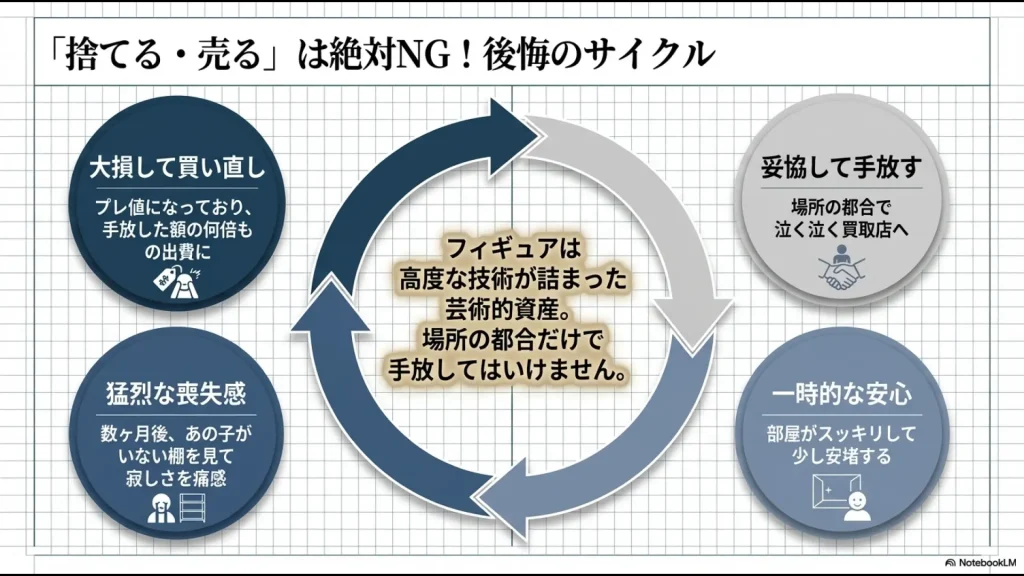 フィギュアを場所の都合で手放すと、プレ値での買い直しや喪失感で大損することを説明する図解