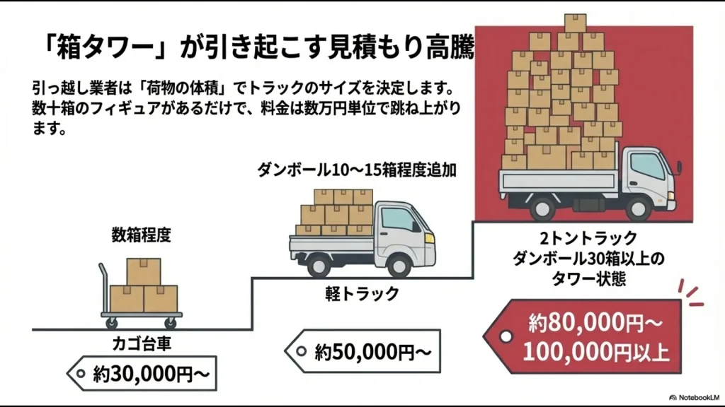 フィギュアの箱数によるトラックサイズの変化と引っ越し費用の相場表スライド