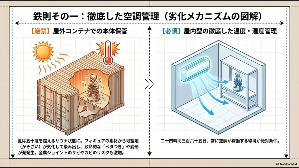 屋外コンテナでの劣化メカニズムと屋内型空調管理の重要性の図解