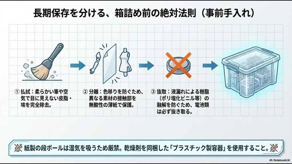 フィギュアを預ける前の清掃、色移り防止の分離、電池抜去、プラスチック容器使用の解説