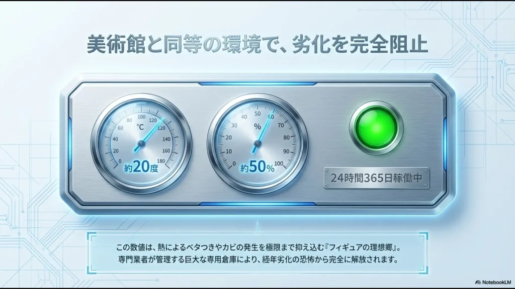 24時間365日の空調管理で熱によるベタつきやカビを阻止するフィギュアの理想的な保管環境を示すスライド