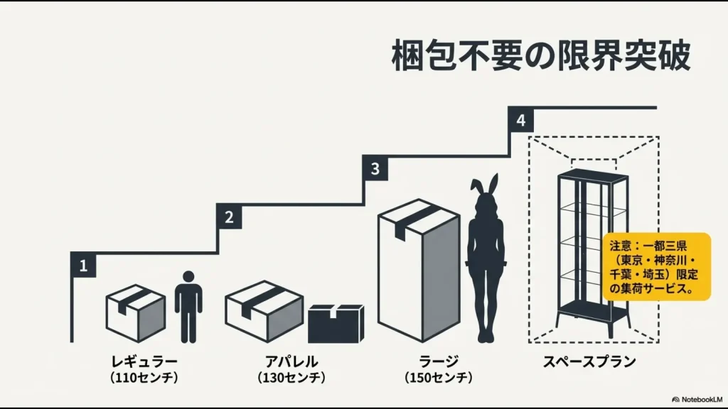 レギュラー、アパレル、ラージ、スペースプランのサイズ比較と一都三県限定の集荷サービス注意点