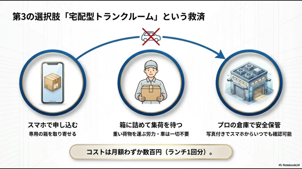 スマホで完結し、重い荷物の運搬不要で月額数百円から利用できる宅配型トランクルームの仕組み