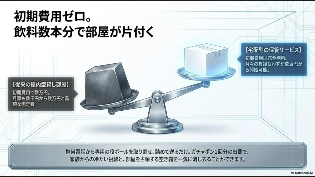 初期費用ゼロで飲料数本分の月額料金から始められる宅配型トランクルームの費用メリットを解説するスライド