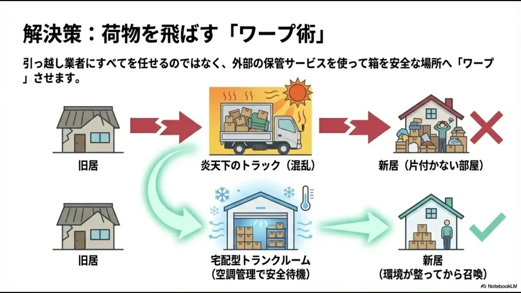 旧居から宅配型トランクルームを経由して環境が整った新居へフィギュアを届けるワープ術の図解