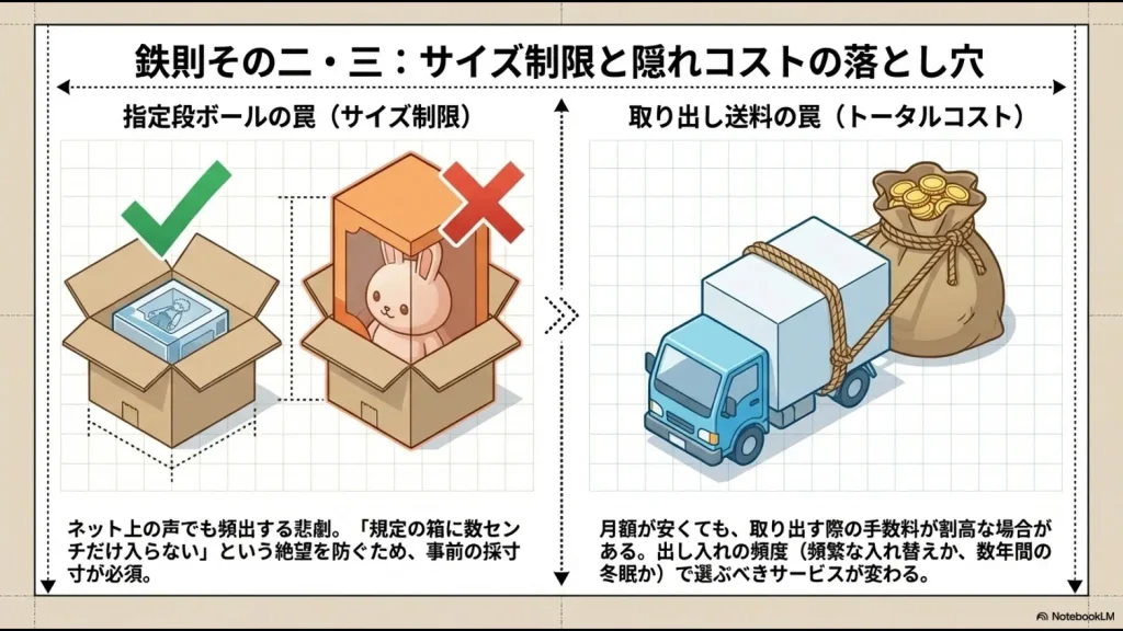 トランクルームの指定段ボールのサイズ制限と取り出し送料の注意点