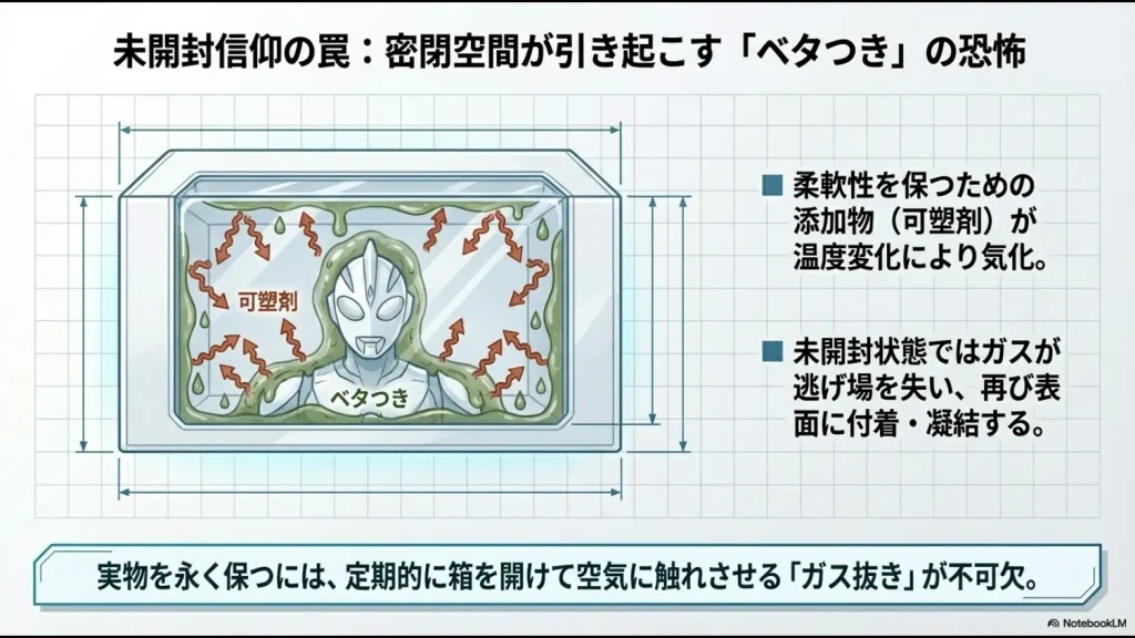 密閉された未開封パッケージ内で可塑剤が気化し、表面に付着・凝結してベタつきが発生する図解