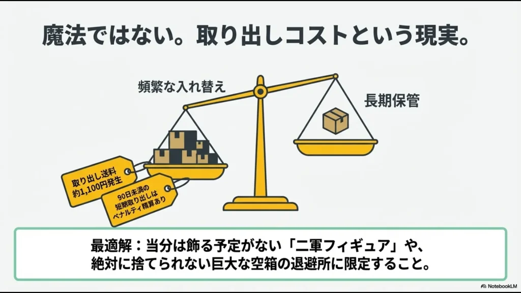 頻繁な入れ替えと長期保管のコストバランス、取り出し送料1,100円と90日ルールについての説明図