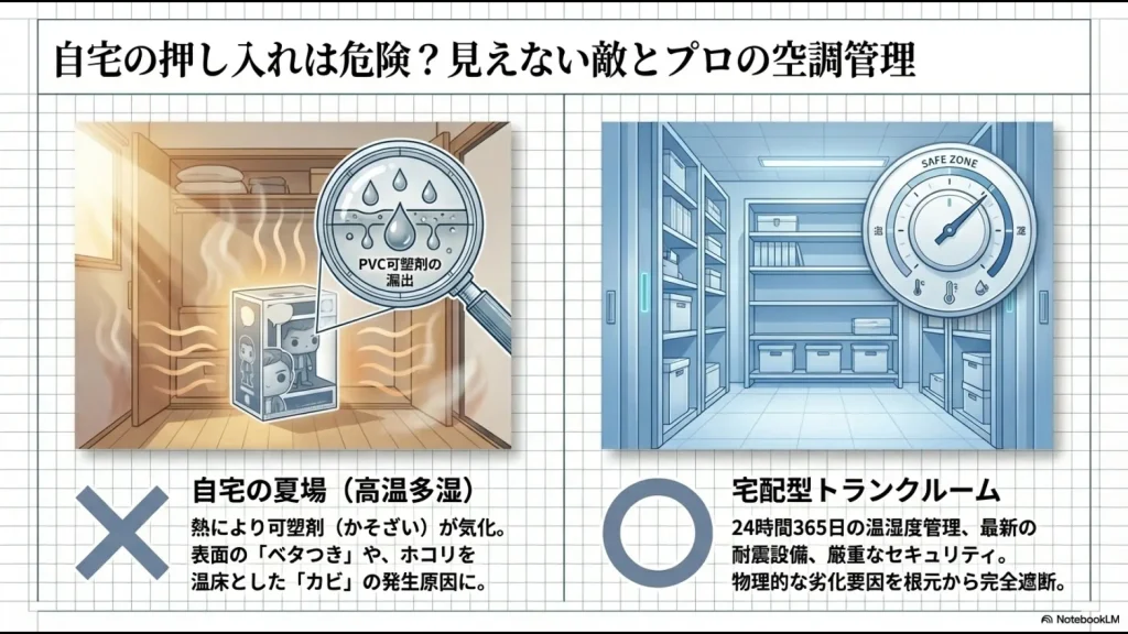夏場の高温多湿による可塑剤の漏出(ベタつき)やカビのリスクと、倉庫の24時間空調管理の比較図