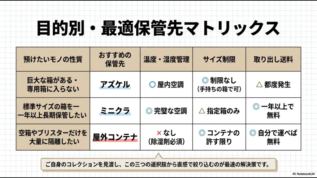 目的別の最適保管先(アズケル・ミニクラ・屋外コンテナ)比較マトリックス表