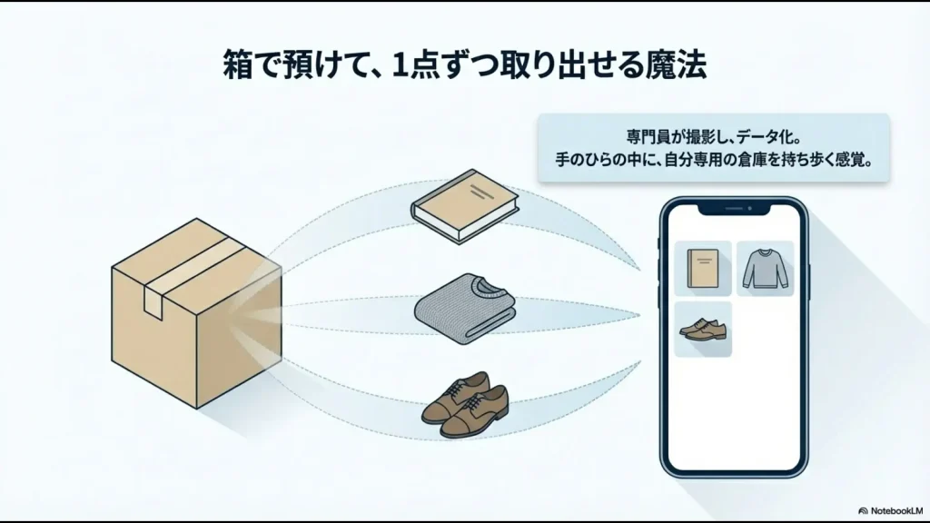 専門員が撮影したアイテムをデータ化し、手のひらで1点ずつ管理・取り出しができる仕組み