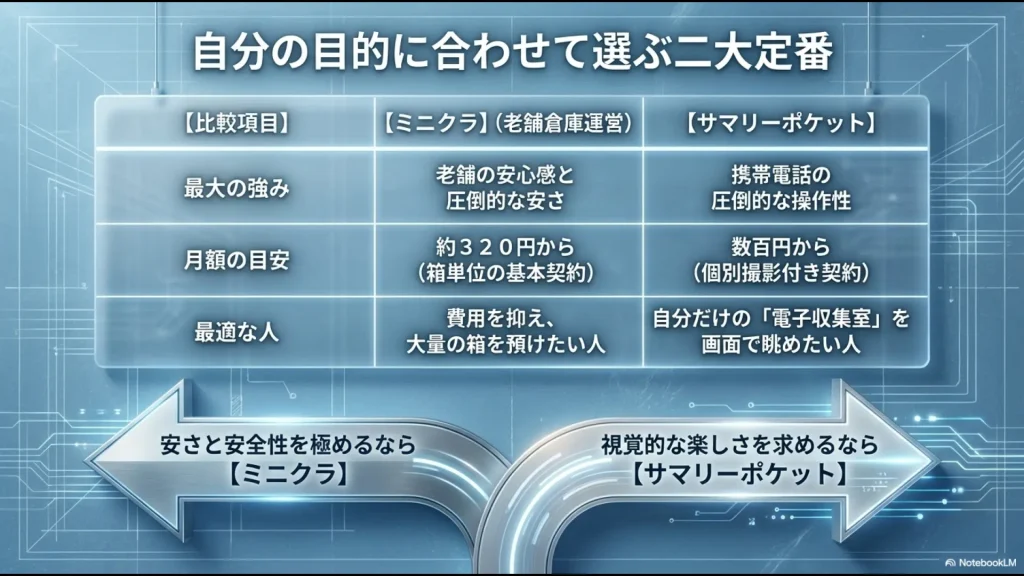 安さと安心のミニクラと、アプリ操作性と視覚的な楽しさのサマリーポケットを比較した選び方スライド