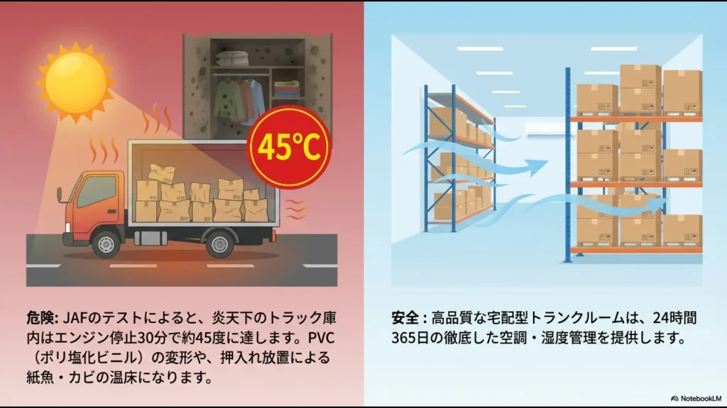 炎天下のトラック内が45度に達する危険性と、24時間空調管理された倉庫の安全性の比較スライド